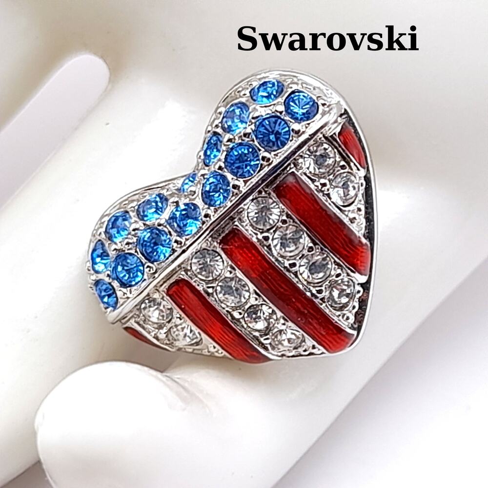 Signed Swan Swarovski Crystal American Flag Heart Patriotic USA July 4th